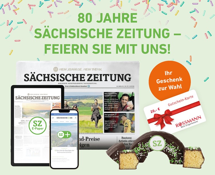 80 Jahre Sächsische Zeitung - Feiern Sie mit uns! - Ihr Geschenk zur Wahl - 20 € Gutschein Rossmann oder Geburtstags-Baumkuchenring